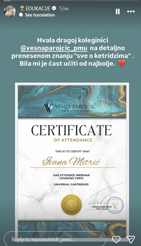 Ivana Mitrich lažni PMU Master Educator, specijalizovana od lažnije Vesne Parojčić