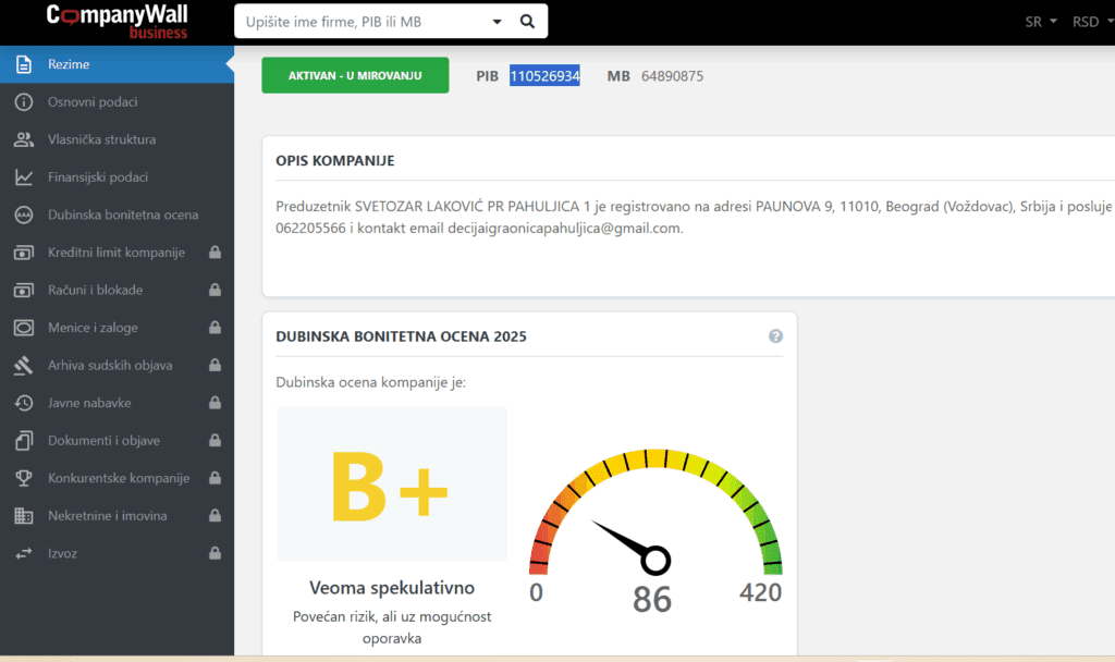 Dečja igraonica Pahuljica Voždovac Bonitetna kuća firmu ocenila kao špekulativnu (spekulativnu)