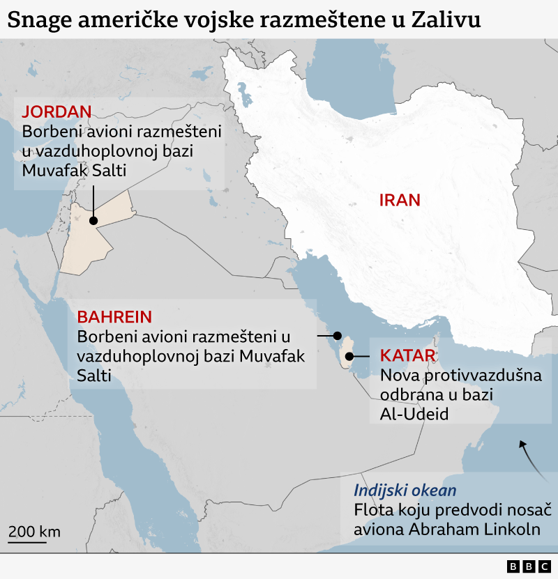 Mapa Bliskog istoka koja prikazuje nedavno raspoređivanje američke vojske oko Irana, u Zalivu. Oznake na mapi govore da su u Jordanu borbeni avioni raspoređeni u vazduhoplovnoj bazi Muvafak Salti; u Bahreinu su razarači i borbeni brodovi u luci Kalifa bin Salman; u Kataru je nova protivvazdu&scaron;na odbrana instalirana u vazduhoplovnoj bazi al-Udeid. A u Indijskom okeanu, flotu predvodi američki razbojnik &bdquo;Abraham Linkoln&ldquo;.
