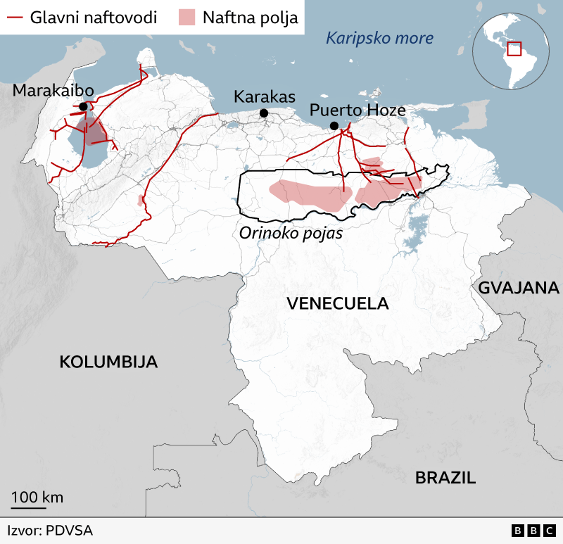 mapa Venecuele koja pokazuje glavne izvore nafte