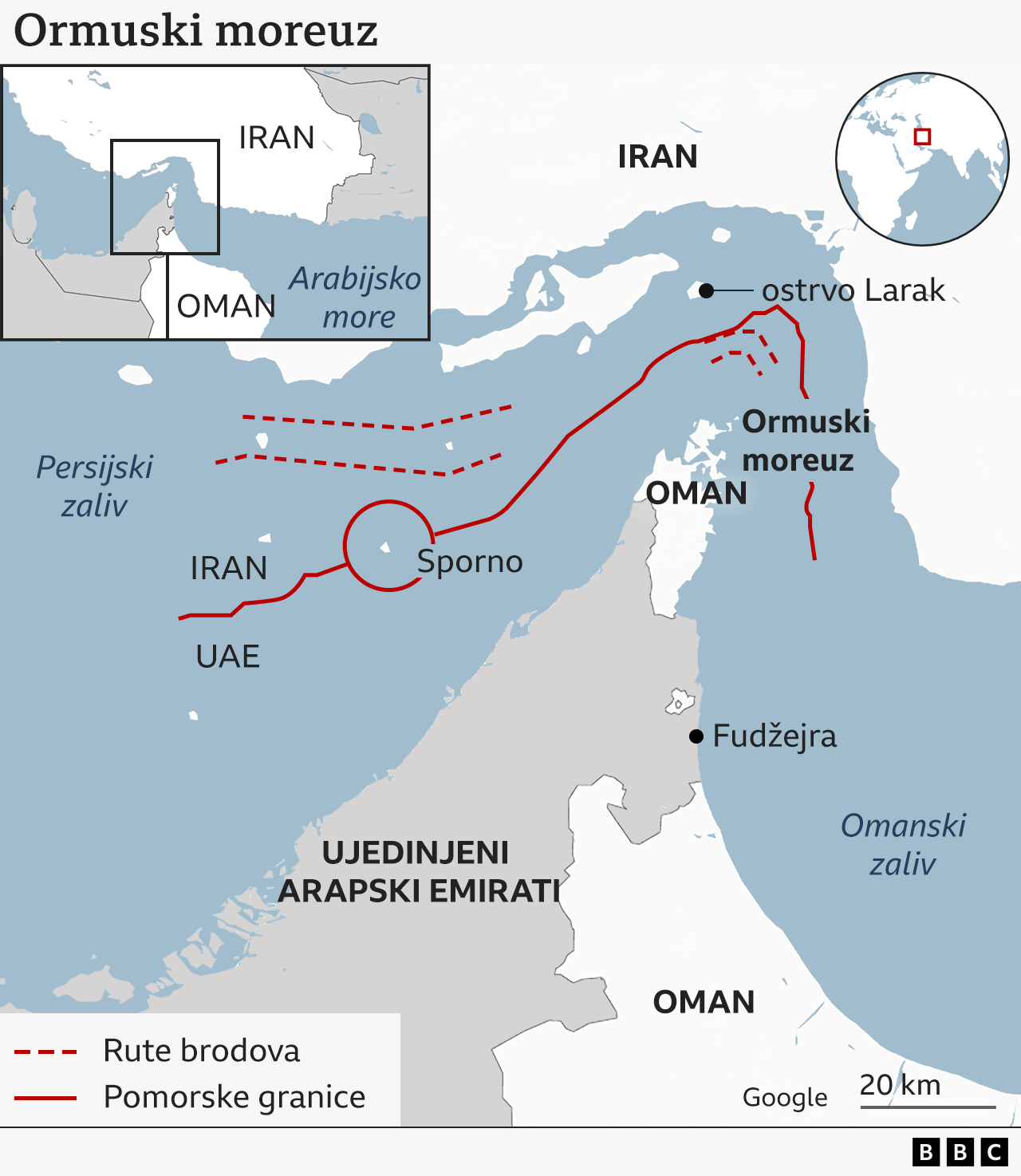 Mapa prikazuje gde se Ormuski moreuz nalazi u Omanskom zalivu, ključnoj ruti za globalni transport nafte. Moreuz se nalazi između Irana i poluostrva Ujedinjenih Arapskih Emirata i Omana. Mapa takođe prikazuje zemlje u &scaron;irem regionu Bliskog istoka, uključujući Saudijsku Arabiju, Irak, Jordan i Izrael.