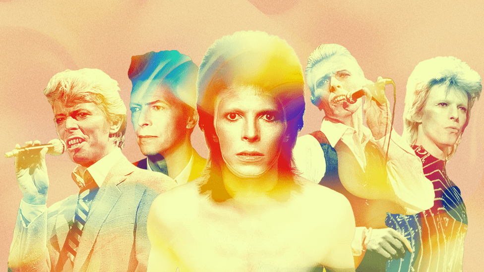 Ilustracija Dejvida Bouvija koju čini pet njegovih fotografija u različitim kostimima