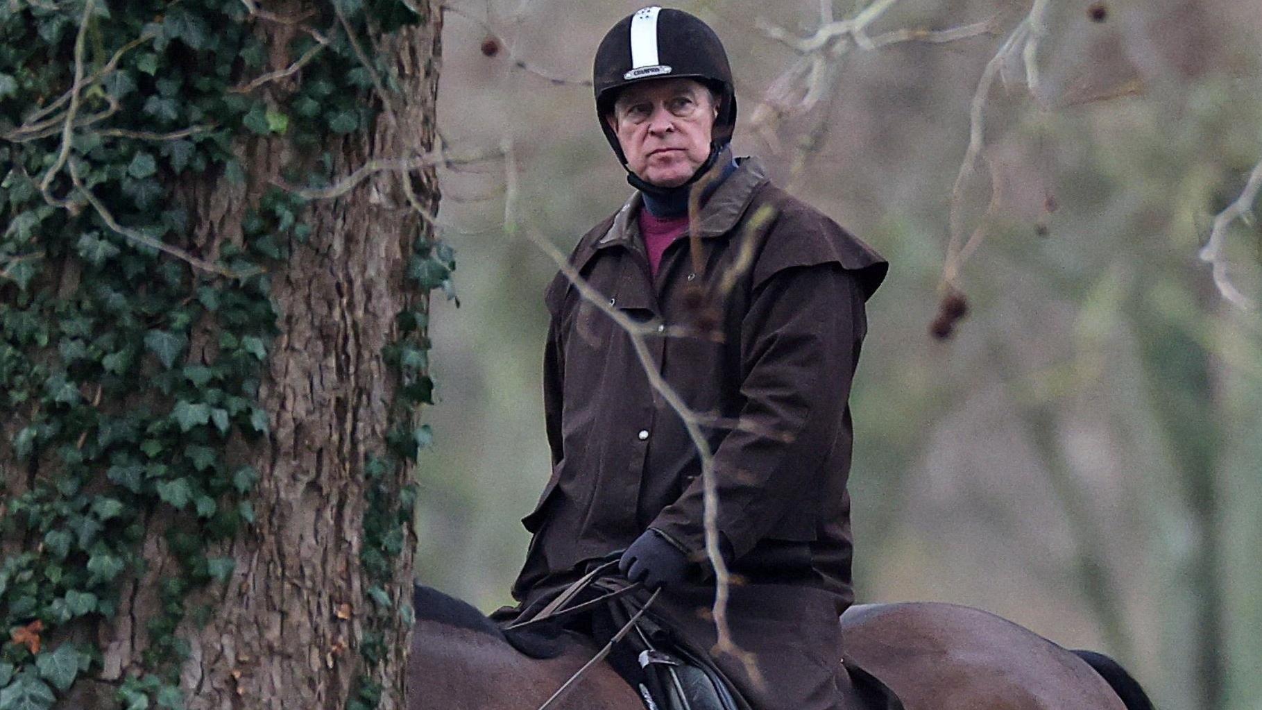 Wearing riding clothes, including a helmet, Andrew Mountbatten-Windsor is shown between the branches of a tree, riding a horse and looking beyond the camera.