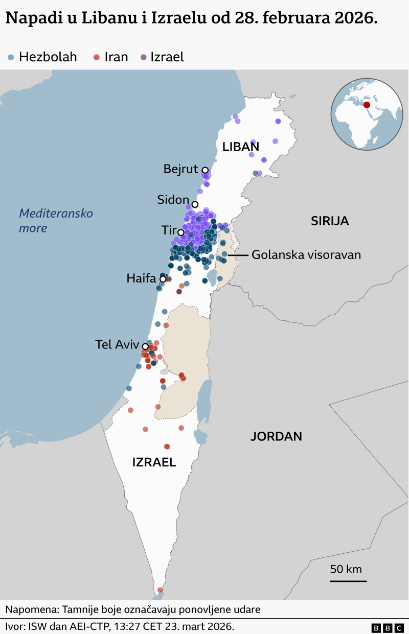 Mapa udara na Liban i Izrael od 28. februara