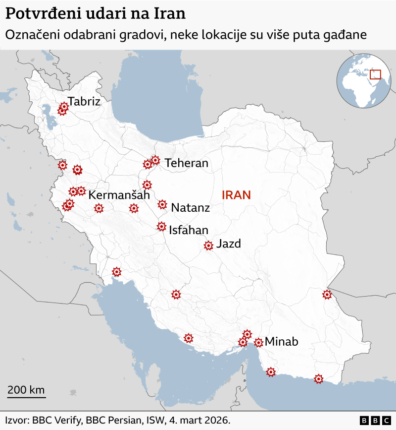 Mapa sa udarima Izraela i Amerike na Iran