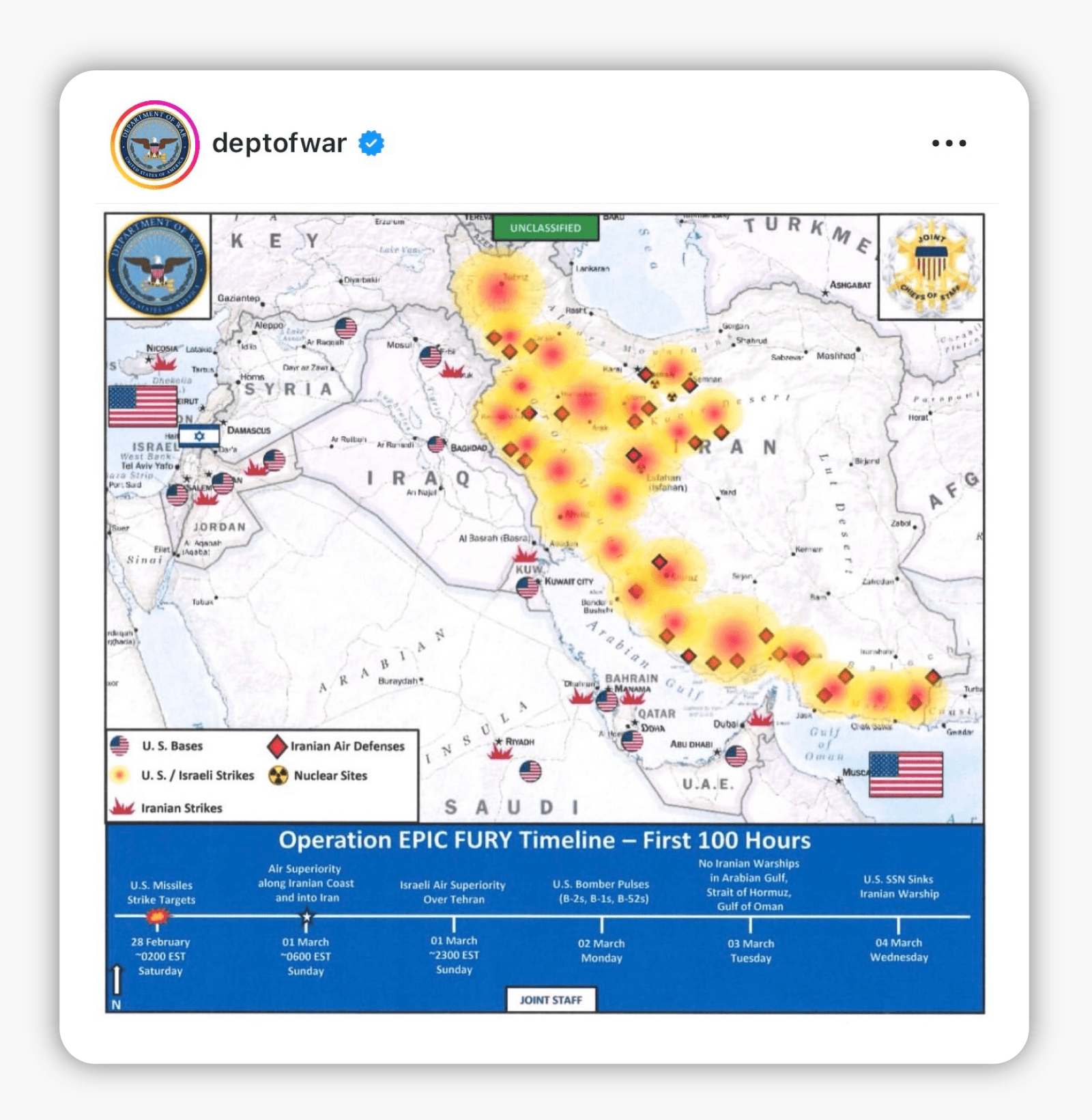 Snimak ekrana objave na Instagramu sa naloga Ministarstva rata, koja je mapa koja prikazuje &bdquo;prvih 100 sati&ldquo; američko-izraelskog rata sa Iranom. Na njoj su označene lokacije udara i iranske protivvazdu&scaron;ne odbrane duž južne obale Irana, koja uključuje i područje Minaba.
