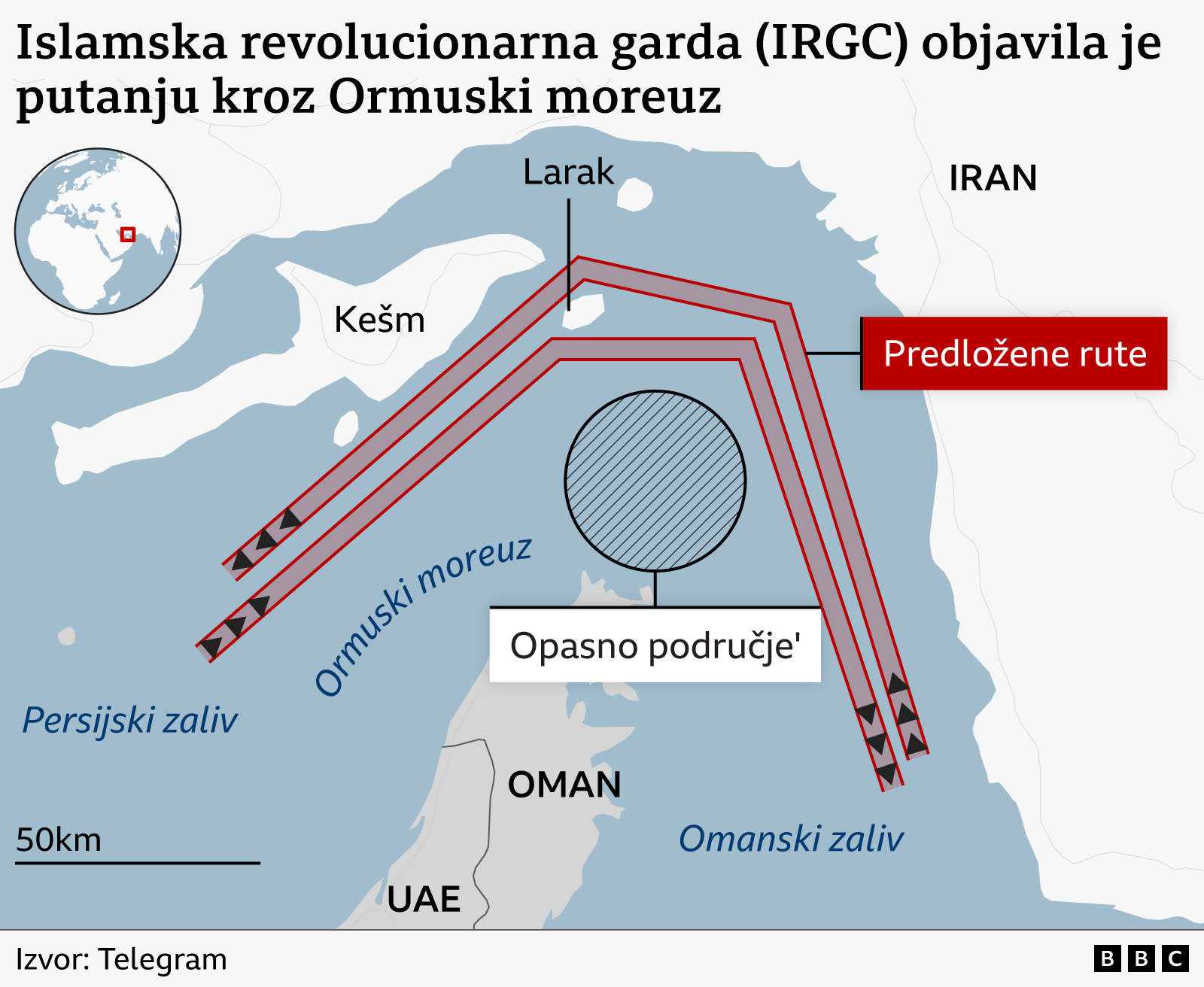 mapa na osnovu putanje koju je predložila Iranska revolucionarna garda