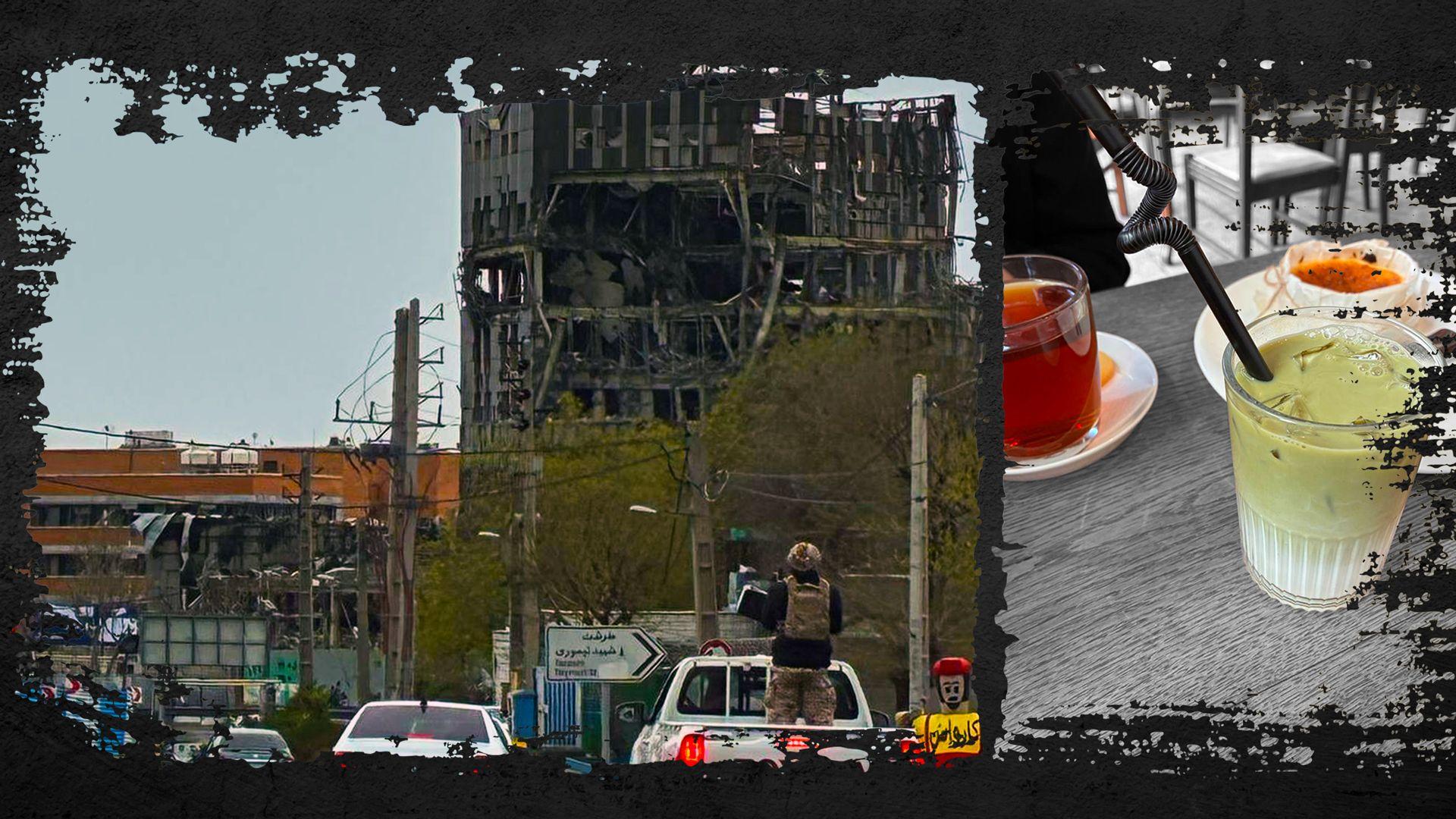 Na levoj slici je vojnik sa kacigom na zadnjem sedi&scaron;tu belog pikapa, u pozadini se vidi o&scaron;tećena zgrada, a na desnoj zeleni mača late i čaj na stolu u kafiću i čizkejkom u pozadini